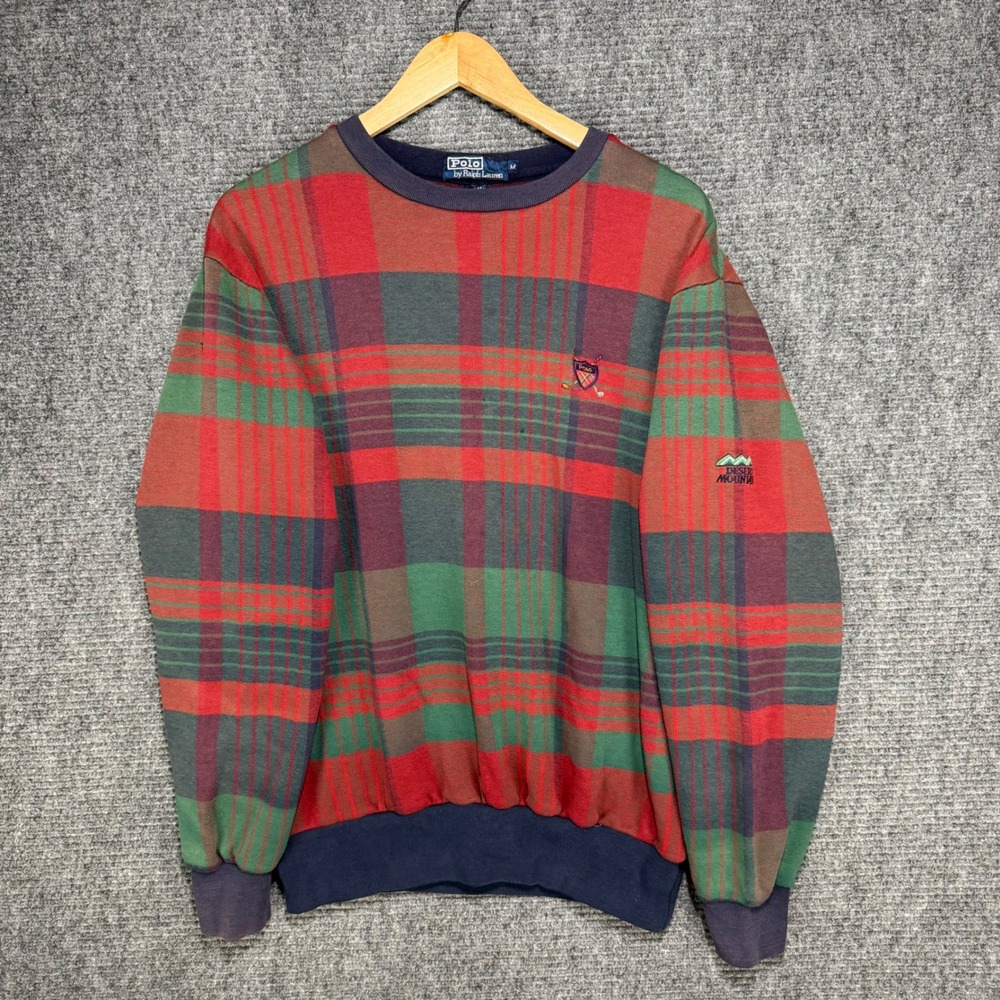 Vintage Polo Ralph Lauren Plaid Sweatshirt Mens Medium Red Green Golf USA Made